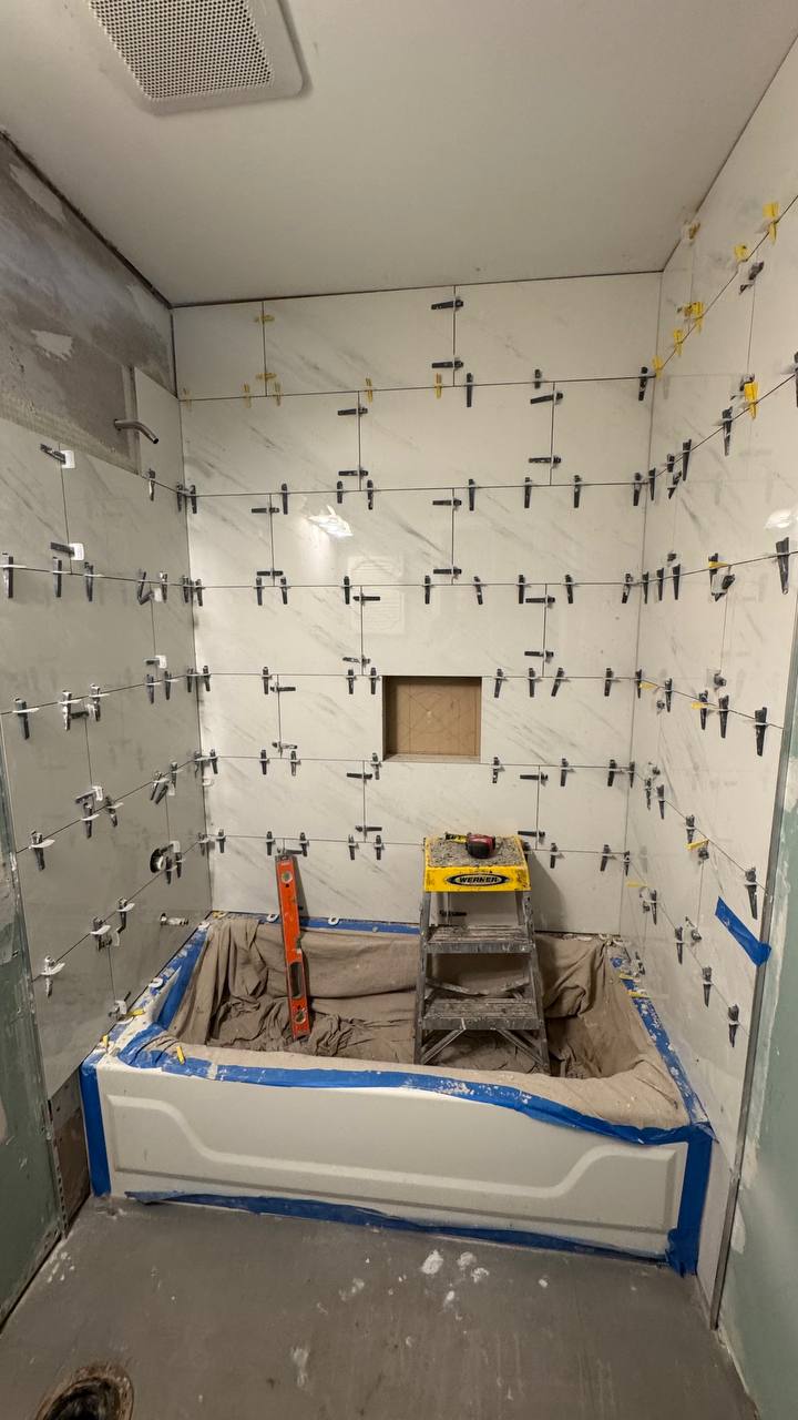 Large-Format Tile Installation with Recessed Shower Niche